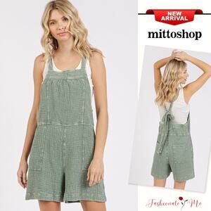 Mittoshop Textured Knotted Wide Strap Pockets Mineral Wash Overalls | Sage